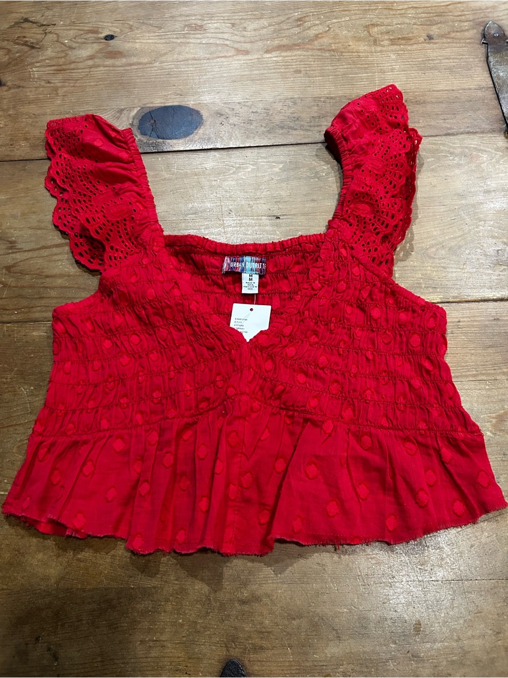 Urban Outfitters Red Ruffled Smocked V-Neck Crop Tank Size Medium - Picture 5 of 10